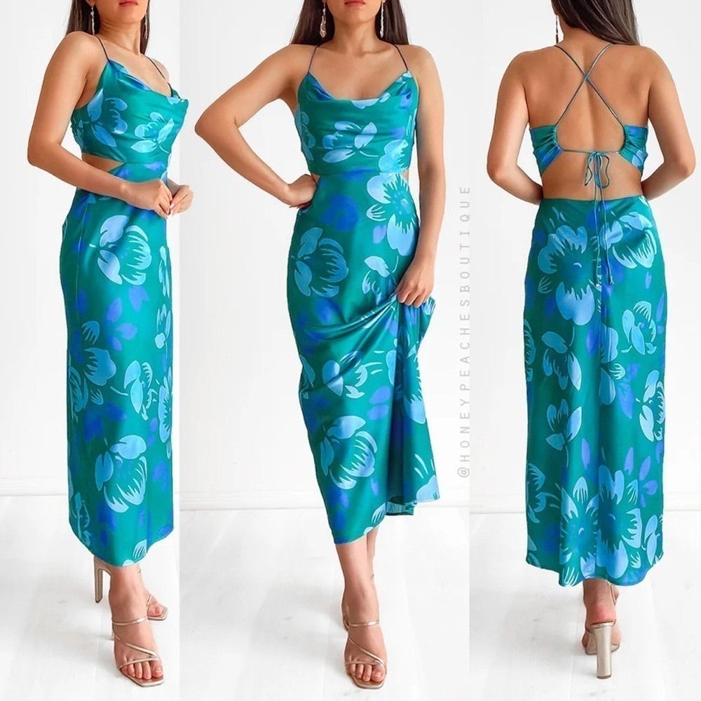 Runaway The Label Amisha Floral Satin Midi Dress Seagreen NWT XS